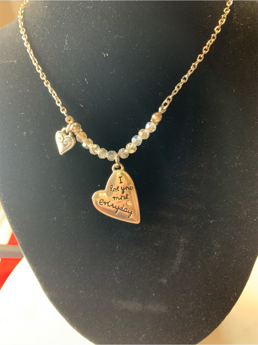 Heart Charm Beaded Necklace - Silver Tone